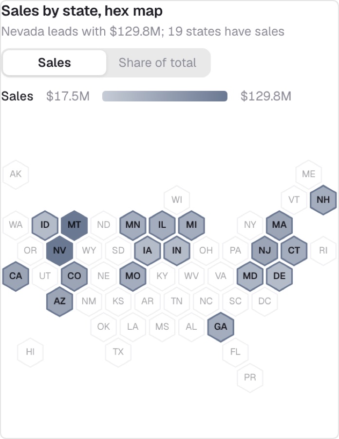 US hex map of sales by state