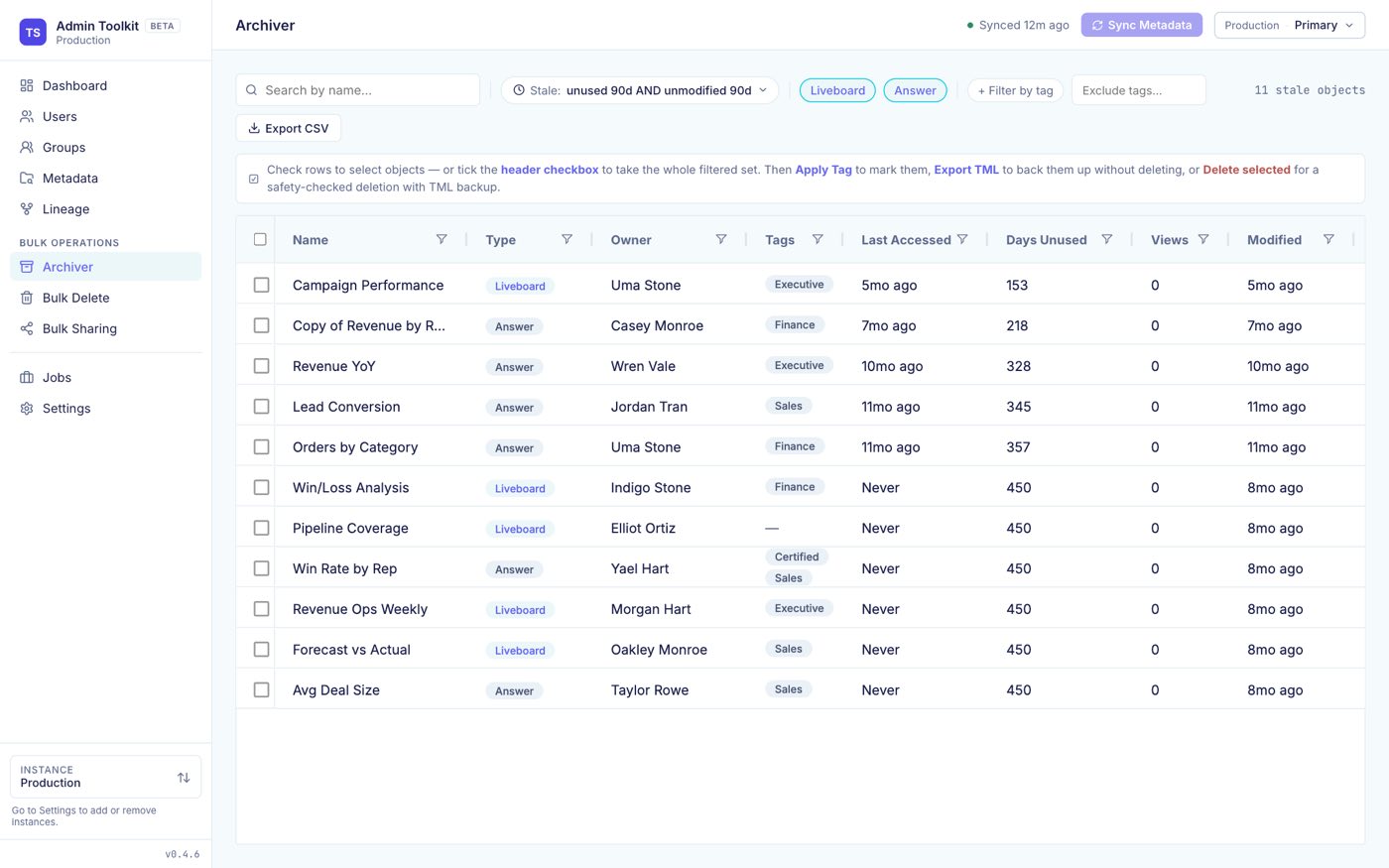 Archiver: liveboards and answers unused for 90 days, with owner, tags, days unused and views