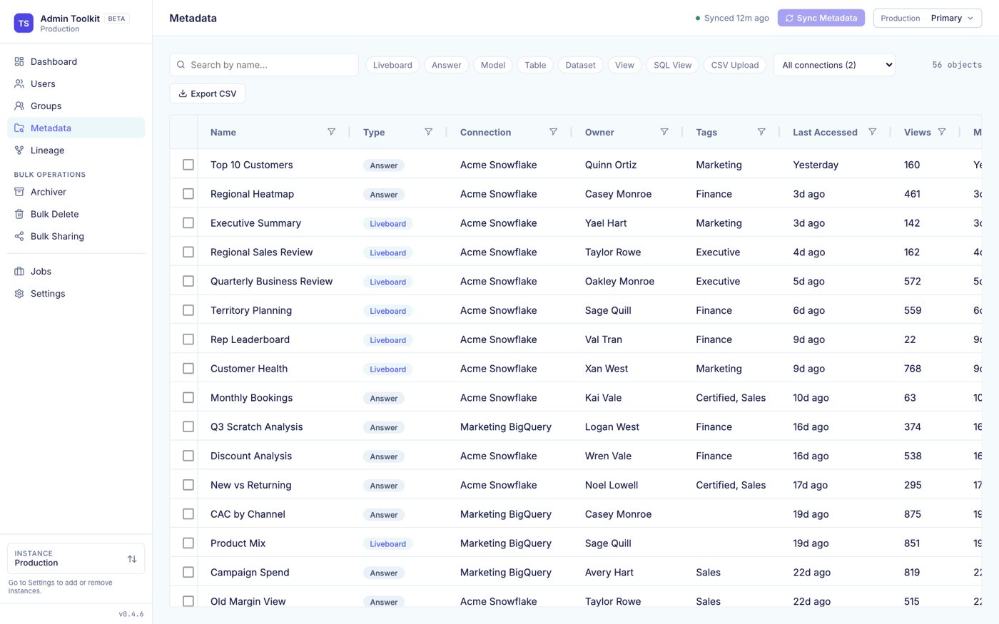 Metadata: all content with type, connection, owner, tags, last accessed and views